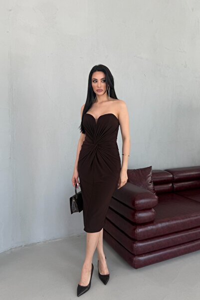 Serica Moda Brown Strapless Sweetheart Neckline Drape Detailed Midi Evening D...