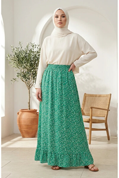 sefamerve Elastic Waist Floral Patterned Skirt 0314-01 Green