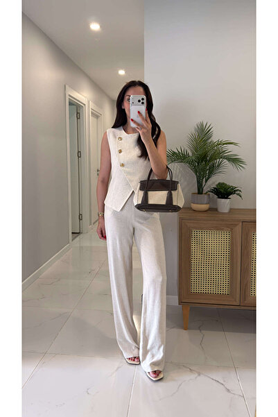 BİRCANÇİL Venni Cream Linen Vest Pants Set