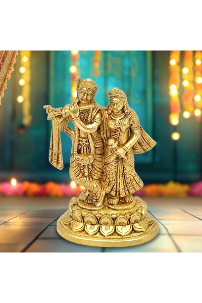 Al Athar Arts Brass Hand Made Radha Krishna Loving Sculpture With Gold Antiqu...