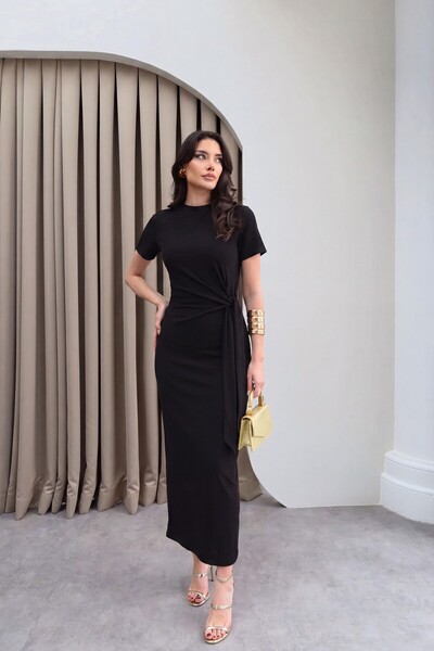 ALFUDO Moda Collection Ženska crna midi haljina sa okruglim izrezom, kratkim ...