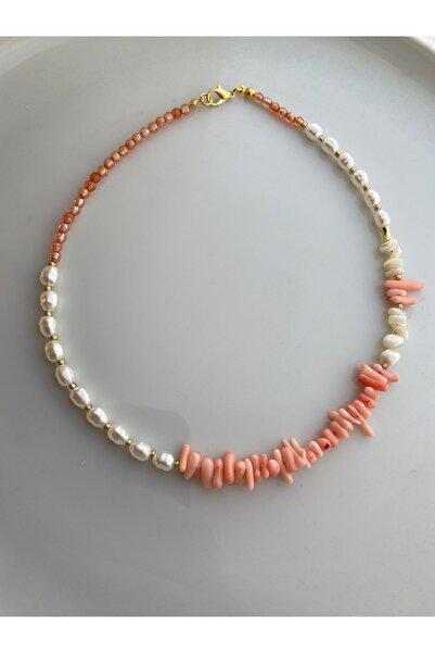 Anetta Jewelry Kadın turuncu mercan ve doğal taş incili tasarım kolye( 40 cm)