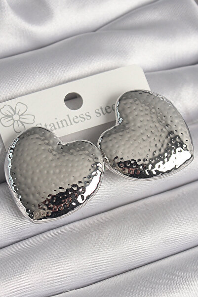 OGHAMAY Brass Silver Color Engraved Detailed Heart Model Women's Earrings