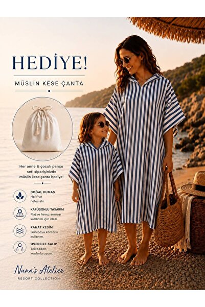 NUNA'S Atelier Deniz | Anne & Çocuk Panço Seti | Kapüşonlu Plaj ve Havuz Panç...