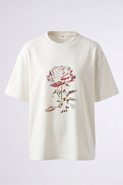 Anetos Tricou oversize alb din bumbac cu imprimeu pe spate Rose Cizim Design
