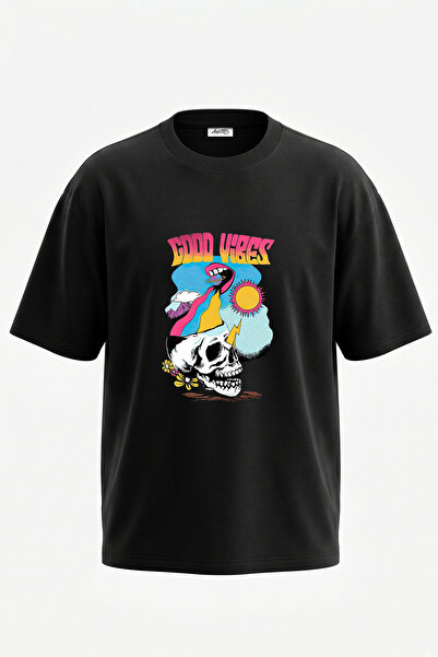Anetos Tricou oversize negru din bumbac cu imprimeu pe spate Skull Mouth Design