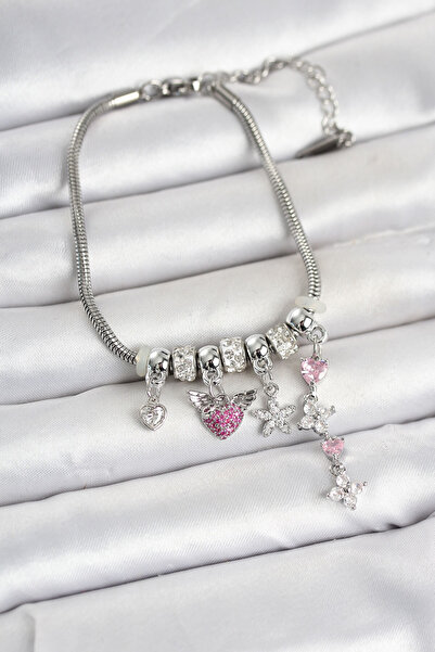 OGHAMAY Brass Silver Color Heart and Flower Detailed Charm Women's Bracelet