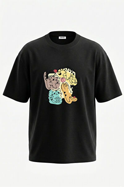 Anetos Tricou oversize negru din bumbac cu imprimeu pe spate Kawaii Cats Design