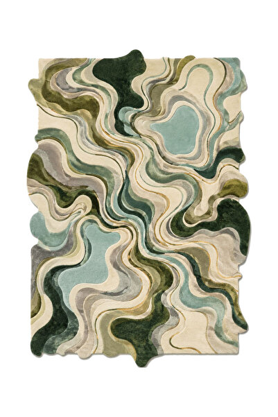 Rugs Modern Halı SDT Özel Kesim Soyut Dalgalı Akışkan Desenli Yeşil Dokuma Ta...