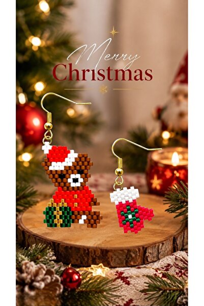 SEARD Miyuki Beads Handmade Teddy Bear and Glove Earrings New Year Christmas ...