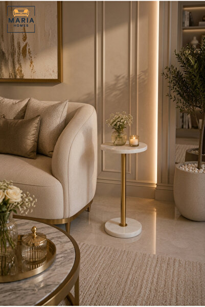 MARIA HOMES طاولة جانبية فاخرة من الرخام بإطار معدني ذهبي، طاولة زينة مستديرة...