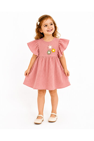 TucanKids Kız Çocuk Yazlık Müslin Elbise %100 Pamuk Fırfır Kollu Pembe 1-2-3-...