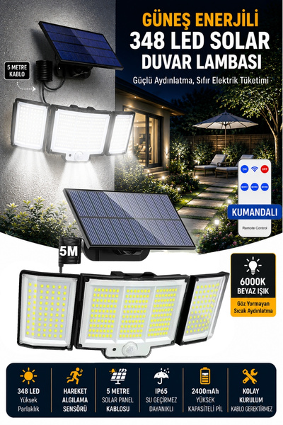 Deconitte 348 LED Solar Duvar Lambası, Güneş Enerjili Dış Mekan Aydınlatma, 5...