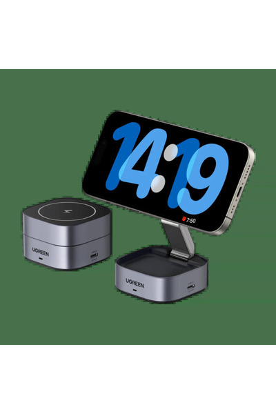 Ugreen MagFlow 2-în-1 Încărcător wireless magnetic Qi2 15W Gri