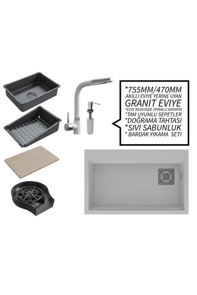 RealStone 75 cm Kompakt Set - Akıllı Eviye Uyumlu Granit Eviye ve Spiralli Batarya Paketi - Beyaz