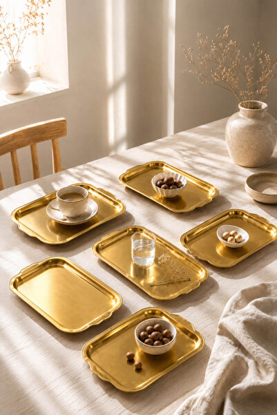 Anadolu Saray 6'lı Gold Lüks Sunum Tepsisi 31,5x21,5 cm Şık Servis Tabağı