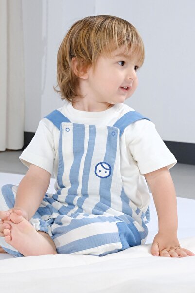 Little Gusto Organik Pamuk Müslin Bebek Salopet Mavi Çizgili