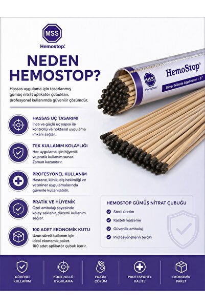 HemoStop Nitrate Applicator 100'lü Kutu – Profesyonel Gümüş Nitrat Çubuğu