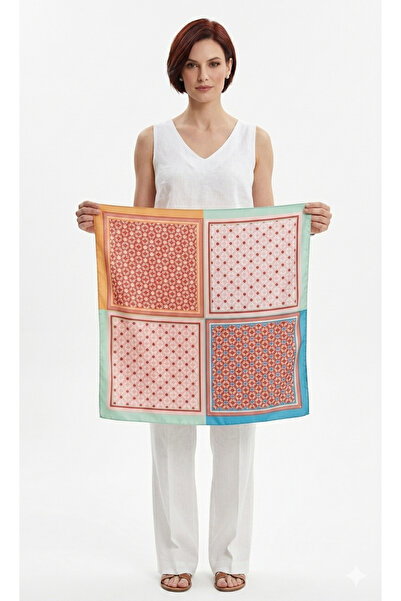 DipOL Butik Çok Renkli Geometrik Desenli Saten Bandana Fular 50x50 cm