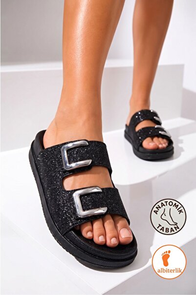 AlbiShoes Ženske papuče sa dvostrukom kopčom, podesivim čičkom, svetlucavim d...