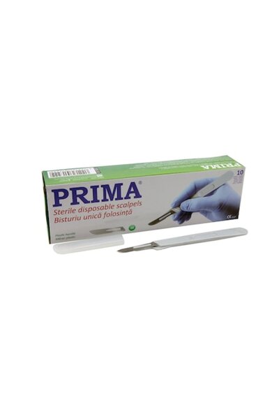 Prima Bisturiu de unica folosinta cu maner plastic, otel-carbon nr. 10