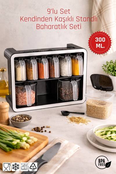 Nandy Home Standlı Kaşıklı 9 Parça Baharatlık Seti - Duvara Monte & Tezgah Üs...