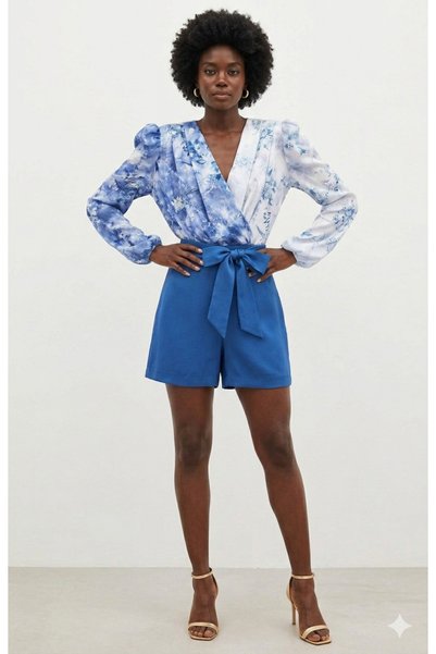 DipOL Butik Blue-Toned Floral Patterned Modern Cut Blouse