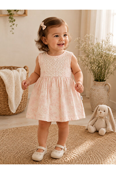 kr kids Baby Girl Powder Floral Patterned Lace Detailed Muslin Dress Summer C...
