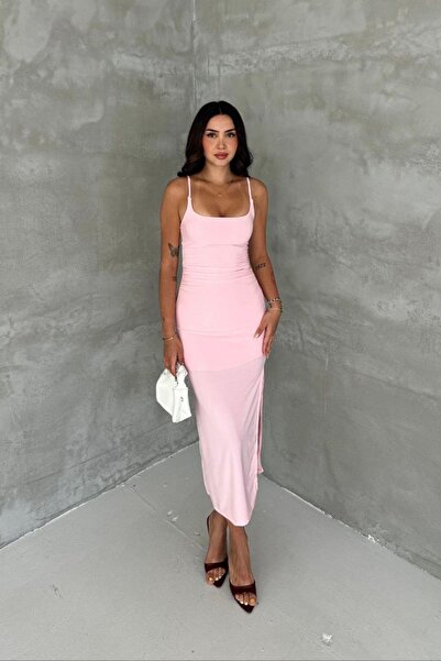moda poni Women's Pink Strappy Slit Detail Midi Dress