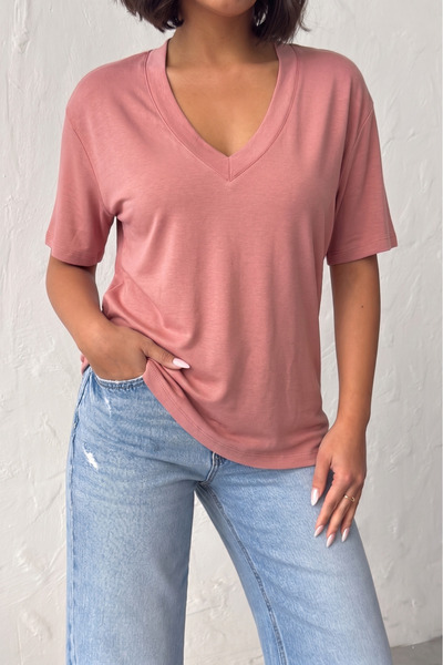 NEW JOURNAL Kadın Gül Kurusu V Yaka Kısa Kollu Basic T-Shirt NJ144