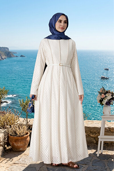 Sevitli Piping Detailed Belted Lace Hijab Dress-Cream