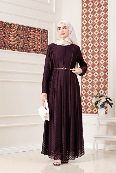 Sevitli Piping Detailed Belted Lace Hijab Dress-Purple