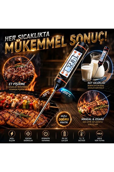 TREVIO Dijital Mutfak Termometresi Paslanmaz Çelik Saplamalı Et Süt Sıvı Sıca...