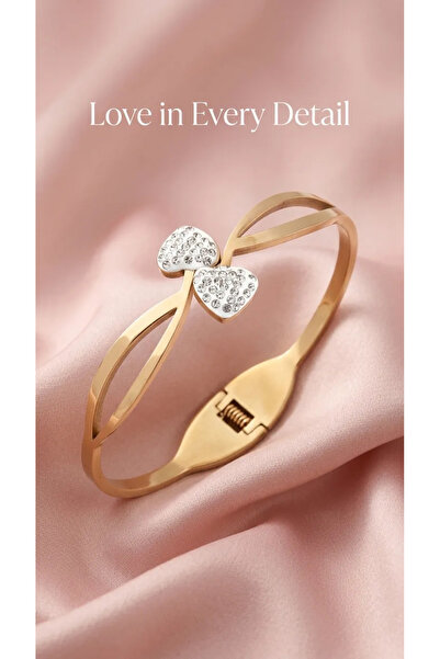 Zeraf Takı Zeraf Double Heart Stone Gold Color Handcuff Bracelet