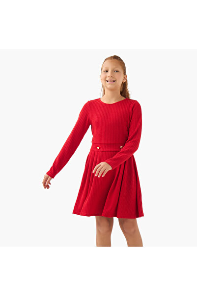 Juniors Round Neck Long Sleeves Dress with Ribbed Design
