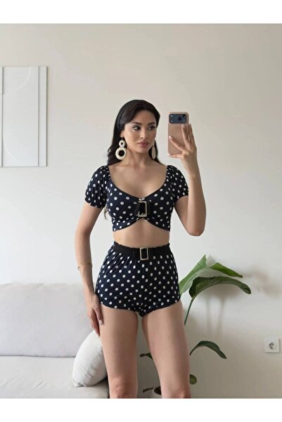 MIZUKI Kadın Puantiyeli Yüksek Bel Şortlu Bikini Takımı Siyah Beyaz Tokalı Vi...