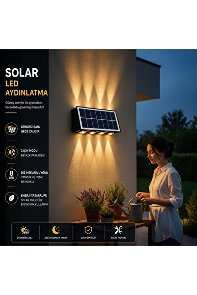 VANCKEY Solar LED Duvar Apliği 8 Ledli Bahçe Aydınlatması – Güneş Enerjili Dı...