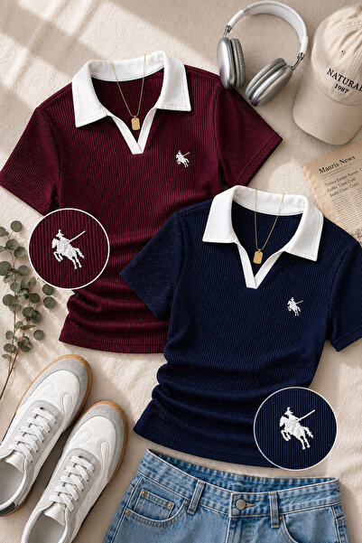 İlayda Toprak Soul 2'li Paket Lacivert & Bordo Fitilli Polo Yaka Likralı Nakı...