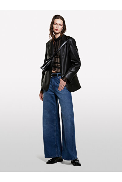 Sisley Women's dark blue cotton blend stone wash wide fit denim pants