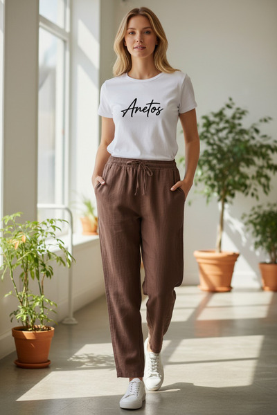 Anetos Pantaloni unisex din bumbac, din țesătură de muselină maro, anti-trans...