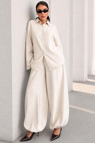 Madmext Beige Oversize Shirt Balloon Pants Women's Set Mg2779