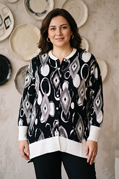 YXL COLLECTION Women's Plus Size Bomber Collar Patterned Long Sleeve Mother W...
