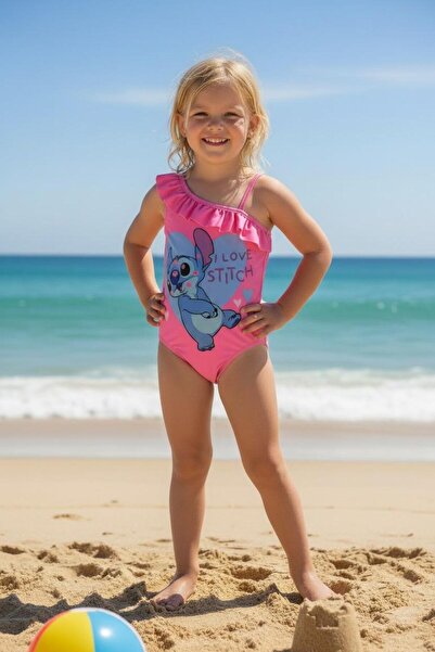 mirkidsclub Girl's Pink Ruffled One-Shoulder Swimsuit Cute Space Character Pr...