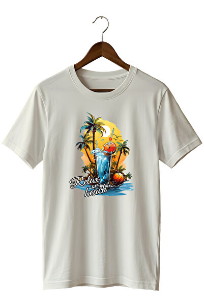 WİDİ Unisex Summer Themed Beach Printed Crew Neck Casual Cotton T-Shirt