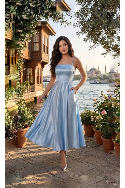 Gülcan Luxury Askılı parlak tafta kumaş midi abiye