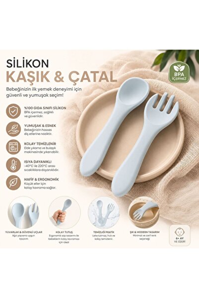 QesQin Bebekler İçin Mavi Silikon Kaşık & Çatal Seti – BPA İçermeyen Yumuşak ...