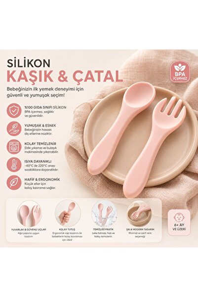 HB LİFE Bebekler İçin Pembe Silikon Kaşık & Çatal Seti – BPA İçermeyen Yumuşa...