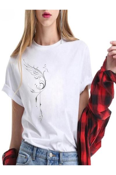 vorena Minimalist Black Bird Pattern Oversize T-Shirt