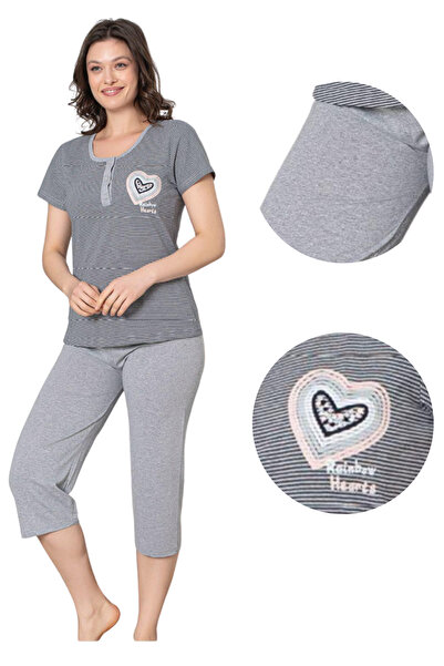 SEVGİ Set de pijamale de damă din bumbac, lungime 3/4, gri cu dungi