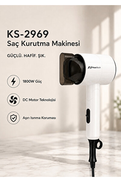 PiranTech KS-2969 1800W Hız/Sıcaklık Ayarlı Yoğunlaştırıcı Başlıklı Saç Kurutma Makinesi
